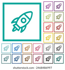 Launched rocket outline flat color icons with quadrant frames on white background