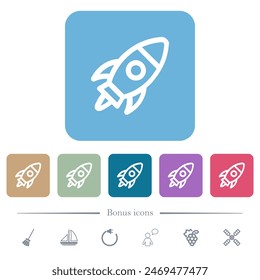 Launched rocket outline white flat icons on color rounded square backgrounds. 6 bonus icons included