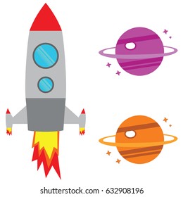 Launched rocket and planets. Vector Illustration.
