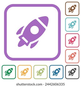 Launched rocket solid simple icons in color rounded square frames on white background