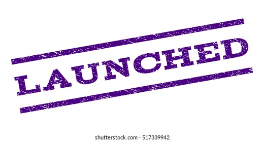 Launched watermark stamp. Text caption between parallel lines with grunge design style. Rubber seal stamp with unclean texture. Vector indigo blue color ink imprint on a white background.