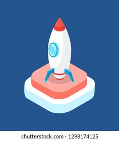 Launcher of metal construction ready to explore space. Project beginning. Launching rocket vector, business start up innovative idea isolated icon.
