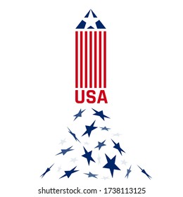 Launching American rocket - concept with US flag, symbol of economic growth, democratic elections and freedom. White or transparent background.