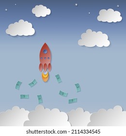 Lanzando un cohete comercial para un cartel. Ilustración vectorial en el estilo de corte de papel
