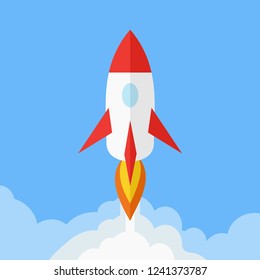 Launching Flat Vector Rocket with Smoke Clouds and Flames