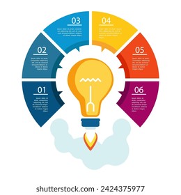 Launching a light bulb with a business idea, infographics. Colorful design and marketing, numbers with text. Can be used to create working business processes, SEO. SERP, Finance, Vector illustration