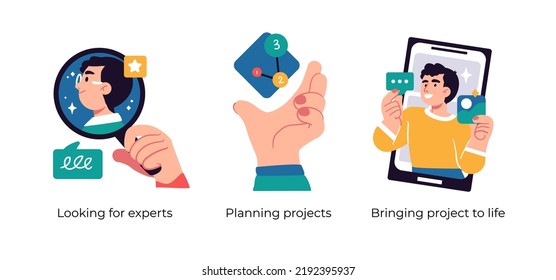 Launching and management new project - abstract business concept illustrations. Looking for experts, Planning projects, Bringing project to life. Visual stories collection