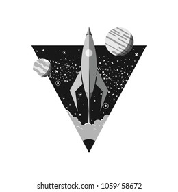 the launching missile is inscribed in a triangle with stars and planets