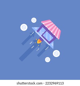 launching a new business or startup. develop and improve services. Small and Medium Enterprises or SMEs. a shop that glides flying into the sky. illustration concept design. vector elements