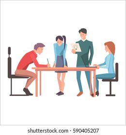 Launching of new idea in startup flat design isolated on white. Worker pondering on creation of new concept of company. Managers standing and two guys sitting at desk. Vector illustration web banner.