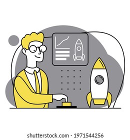 Launching a new idea. Startup. The man presses the start button. Man is building a spaceship rocket. Cohesive teamwork in the startup. Modern vector flat illustration.