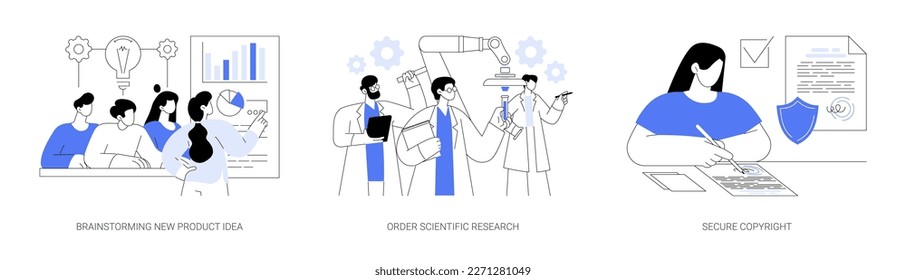 Lanzamiento de un nuevo conjunto de ilustraciones vectoriales de concepto abstracto de producto. Brainstorming nueva idea de producto, pedido de investigación científica, experiencia clínica, copyright seguro, aplicación de patentes metáfora abstracta.