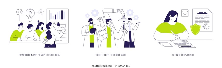 Launching new product abstract concept vector illustration set. Brainstorming new product idea, order scientific research, clinical expertise, secure copyright, patent application abstract metaphor.