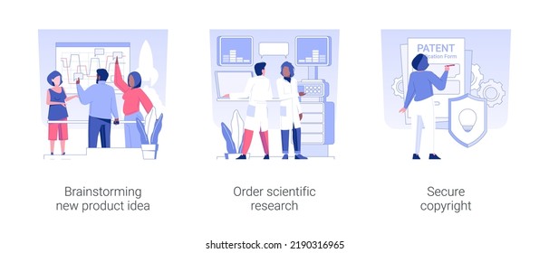 Launching new product isolated concept vector illustration set. Brainstorming new product idea, order scientific research, clinical expertise, secure copyright, patent application vector cartoon.