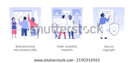 Launching new product isolated concept vector illustration set. Brainstorming new product idea, order scientific research, clinical expertise, secure copyright, patent application vector cartoon.