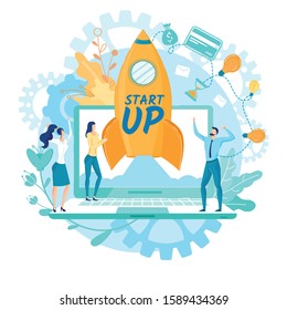 Launching an Online Business Young Team, Cartoon. Team Men and Women Rejoiced that they Managed to Launch their Own Start up. They Set up Internet Company, Online Platform, Flat Banner.