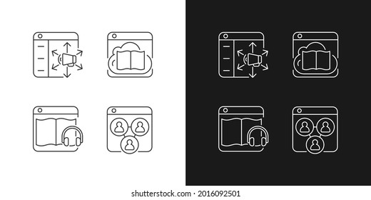 Launching online services linear icons set for dark and light mode. Content distribution platforms. Customizable thin line symbols. Isolated vector outline illustrations. Editable stroke