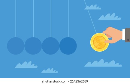 Launching the operation of funds. Activation and distribution of funds, hand hold gold coin, investing money in stock market, income growth or falls, vector cartoon flat financial concept