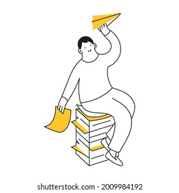 Launching paper planes from a high paper pile. Startup boosting, project manager, and paperwork. Thin line isolated vector illustration on white background. 