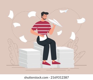 Launching paper planes. Man creates aircraft, childs play and entertainment. Origami, rest after work or study. Father prepares toys for son, creativity concept. Cartoon flat vector illustration