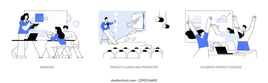 Iniciando el conjunto de ilustraciones vectoriales de concepto abstracto del proceso del producto. Branding, lanzamiento y promoción de productos, celebrar el éxito del producto, crear una metáfora abstracta de diseño de embalaje, marca comercial.