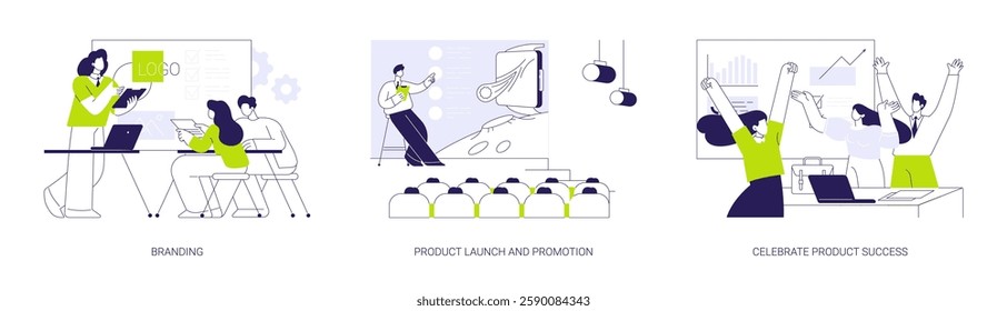 Launching product process abstract concept vector illustration set. Branding, product launch and promotion, celebrate product success, create a trademark, packaging design abstract metaphor.