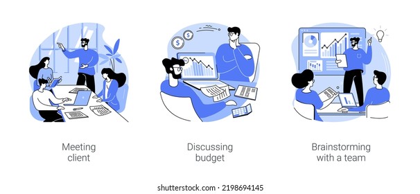 Launching IT project isolated cartoon vector illustrations set. Diverse IT company workers meeting client in conference room, discussing budget, brainstorming with developers team vector cartoon.