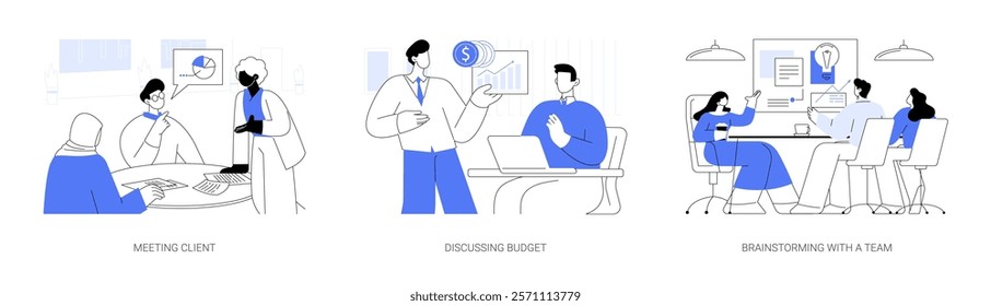 Launching IT project isolated cartoon vector illustrations set. Diverse IT company workers meeting client in conference room, discussing budget, brainstorming with developers team vector cartoon.