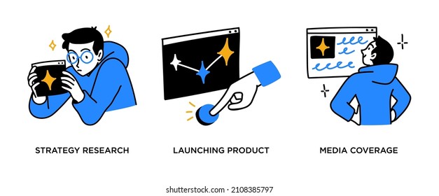 Launching project process - set of business concept illustrations Business startup, develop success strategy, media coverage