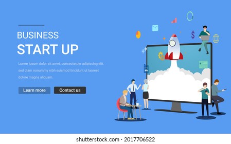 Launching rocket from computer display with people for business startup concept