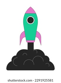Launching rocket with dark smoke flat line color vector object. Spacecraft. Editable lineart icon on white. Simple outline cartoon style spot illustration for web graphic design and animation