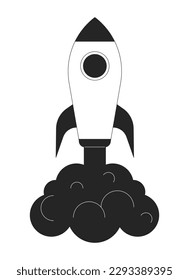 Launching rocket with dark smoke flat line black white vector object. Spacecraft. Editable cartoon style icon. Simple isolated outline spot illustration for web graphic design and animation