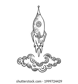 Launching rocket drawing. Black space ship sketch on white background. Vector illustration.