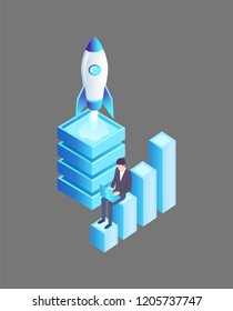 Launching rocket with fire and smoke, man using laptop for work. Businessman and spaceship isolated isometric icons 3d. Spacecraft and worker vector