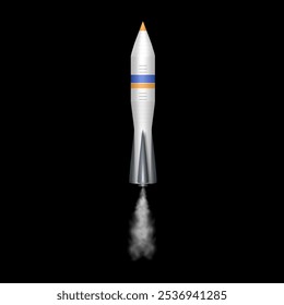 Launching rocket with fumes and smoke. Vector isolated realistic space shuttle going on mission. Cosmic and universe exploration and expeditions. Speedy transport for astronauts cosmonauts