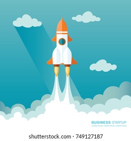 Launching a rocket into space. illustration of business startup template.  Flat design modern vector illustration concept of project start up development and launch new innovation product on a market.
