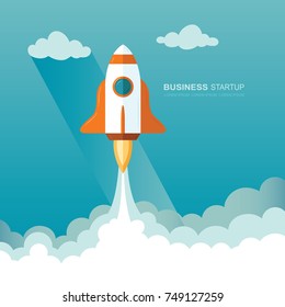 Launching a rocket into space. illustration of business startup template.  Flat design modern vector illustration concept of project start up development and launch new innovation product on a market.
