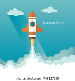 Launching a rocket into space. illustration of business startup template.  Flat design modern vector illustration concept of project start up development and launch new innovation product on a market.