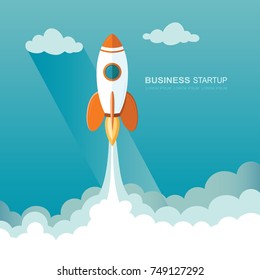 Launching a rocket into space. illustration of business startup template.  Flat design modern vector illustration concept of project start up development and launch new innovation product on a market.