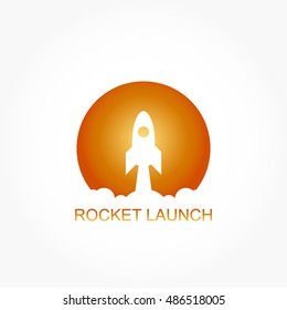 launching rocket logo vector in gradient yellow orange circle with some smokes bellow