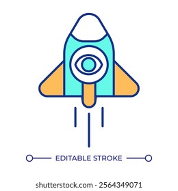 Launching rocket with magnifying glass RGB color icon. Fast efficient retrieval. Easy access to digital data service. Isolated vector illustration. Simple filled line drawing. Editable stroke