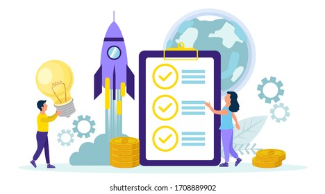 Launching a rocket is a metaphor for a startup of a new business project. The concept of a business startup for web pages, banners, presentations, social networking.  Flat illustration.