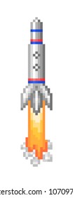 Launching rocket on a mission, pixel art icon isolated on white background. Cosmos exploration. Spaceship symbol. Aircraft. Old school 8 bit slot machine pictogram. Retro 80s; 90s video game graphics.