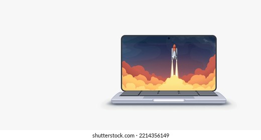 launching rocket on screen of new laptop