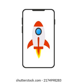 Launching a rocket on a smart phone. Vector illustration