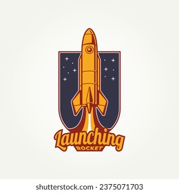 launching rocket retro badge logo template vector illustration design. vintage futuristic, space, innovation emblem logo concept