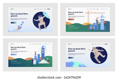 Launching rocket set. Astronaut floating in outer space, building bar chart with shuttle. Flat vector illustrations. Startup, research, cosmos concept for banner, website design or landing web page