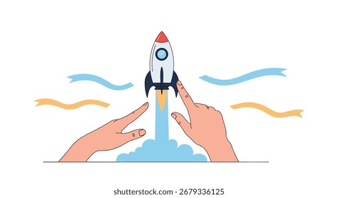 Launching a rocket ship with hands pointing forward for success and progress.
