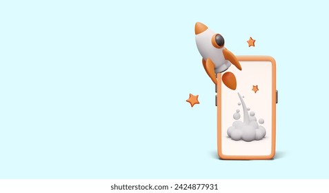 Lanzamiento del cohete desde la pantalla del smartphone. Gran apertura, promoción del proyecto