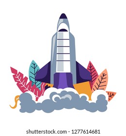 Launching rocket spacecraft leaving clubs of smoke behind vector. Foliage and floral decoration cylindrical construction made of steel designed to explore universe and outer space isolated craft